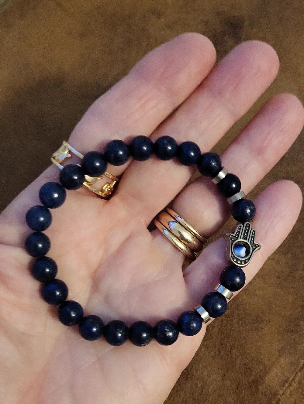 Lapis Lazuli Gemstone Blue Beaded Bracelet with Hamsa Charm